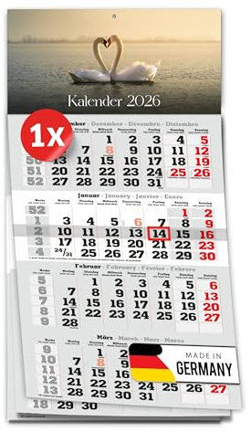 PRIMUS PRINT 4-Monats Einblockkalender 2026 mit Schieber - Wandkalender zum Aufhängen - großer Monatskalender- inklusive Feiertagen - verschiedene Motive, verschiedene Sets [ 1x Schwäne ]