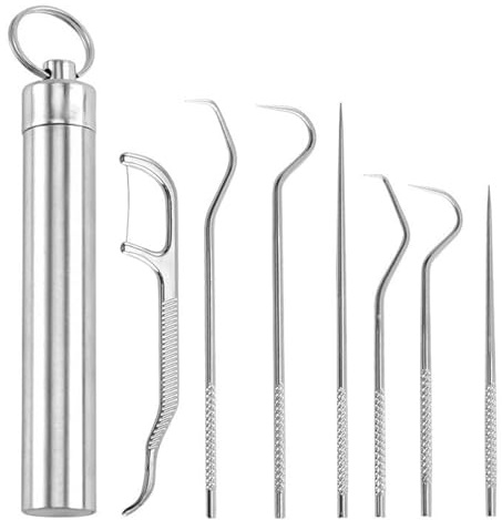Hilo Dental, 7 Piezas Palillos de Acero Inoxidable Seda Dental Reutilizables Palillos de Metal Con llavero PortáTil Kit Hilo Dental con Cilindro Acero Inoxidable para Viajes