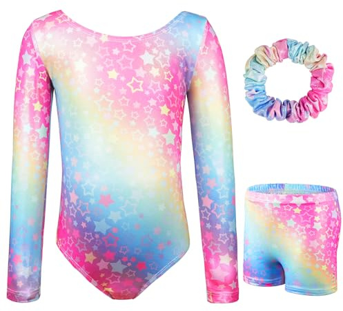 AOOWU Tuta da ginnastica da bambina, a tre pezzi, con sfumatura di colore, set da ginnastica con pantaloncini e fascia per capelli, balletto, danza e danza, Gradient Stars - Braccio lungo, 140cm (8