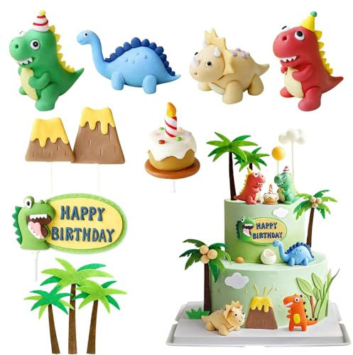 SJUNJIE Dino Tortendeko 11 Stk dino geburtstag deko Kuchendeko Dino Grüner | Tortendeko Geburtstag Dino Geburtstag Cake Grüner Topper Set Deko dino Kuchen für Geburtstag