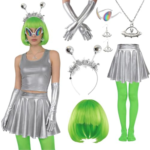 8 Stück Alien Kostüm Damen Set, Space Girl Kostüm Damen mit Silbernes Alien-Stirnband Handschuhe Rock Perücke Brille Kniestrümpfe Halskette Ohrringe Alien Zubehör Weltall Kostüm für Karneval Maskerade