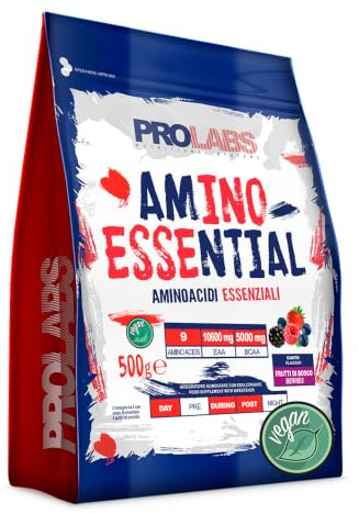 PROLABS– EAA Aminoacidi Essenziali AMINO ESSENTIAL Fermentati in Polvere 100% Vegan con BCAA Ramificati 2:1:1 e Vitamina B6, Amminoacidi Essenziali Post Intra Workout, Integratore 500g Frutti di Bosco