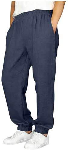 Kids Boys Linen Trousers Tapered Elasticated Waist Casual Loose Linen Trousers Baggy Straight Leg Pants Summer Comfy Beach Travel Outfits Joggers with Pockets for 5-15 Years
