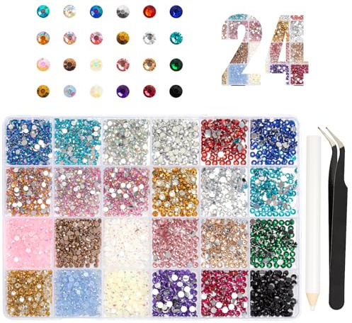 Juego de 24 colores de diamantes de imitación para adornos, 32.000 diamantes de imitación planos con pinzas y bolígrafo, cristales para uñas, zapatos, ropa, sombreros, cara, vasos y manualidades