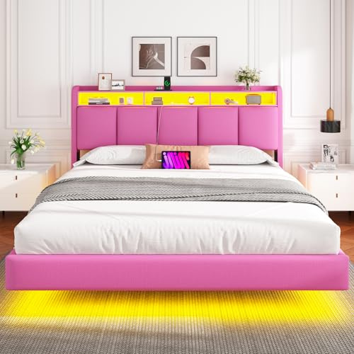 Brinlawb Polsterbett 180x200 cm Schwebebett mit LED-Beleuchtung, Kopfteil und Ladestation (2 AC-Steckdosen, 2 USB-Anschlüsse), Bett 180x200 mit Stauraum, Modern Doppelbett mit lattenrost, Leinen, Rosa