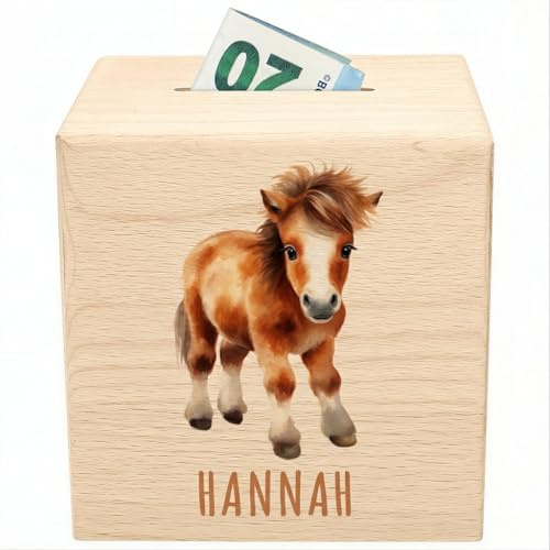 Pferde Spardose für Kinder personalisiert Sparbox aus Holz Sparschwein mit Schlüssel Taufgeschenk für Jungen Mädchen Holzspardose