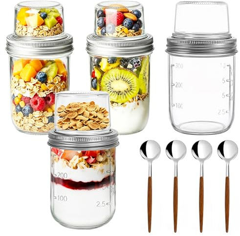 Yuragim 4-pack Overnight Oats Glas, 400ml+100ml Müslibecher to go med lock och sked, dubbelkammare yoghurtbehållare Meal Prep Glas för flingor, yoghurt, gröt, chia, sallad och snacks på språng