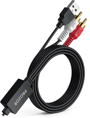PROZOR Convertisseur Optique vers RCA Mâle 192kHz Ampli 1.8m PCM TV HiFi | Support PCM uniquement, câble USB avec noyau ferrite inclus, alimentation 5V, pour ampli HiFi enceintes TV