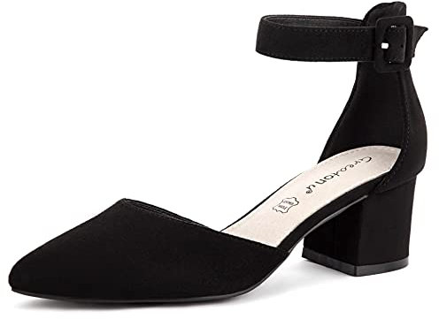 Greatonu Scarpe da Corte da Donna con Cinturino alla Caviglia Tacco a Blocchi Sandali a Punta, Nero, EU 39