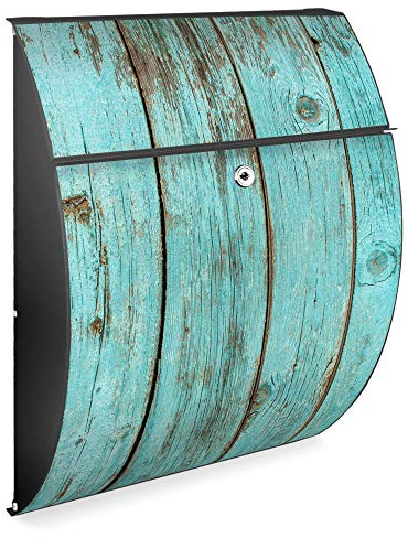 banjado Design Briefkasten - Modell Riviera 46x33,5x13cm groß - verzinkter Stahl anthrazit - Postkasten Öffnungsstopp großer A4 Einwurf Zylinderschloss 2 Schlüssel - Motiv Blaues Holz