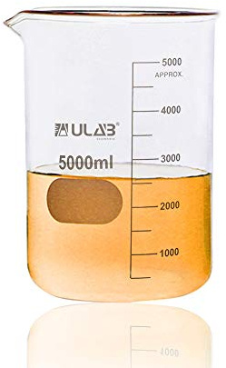 ULAB Low Form Glass Beaker, Vol.5000ml, 3.3 Borosilicate Glass, Printed Graduation, UBG1024