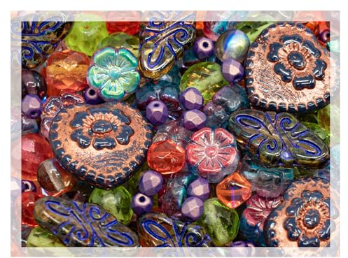 2.1oz (60 g) Mix of Unique Czech Bohemia Glass Pressed Beads, Crazy Purple Green Copper, Table Cut, Matte and Glossy, Faceted Fire Polish, Hand Made Set Kit BCV