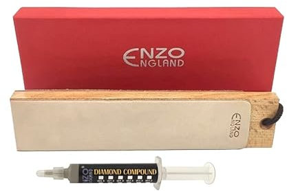 ENZO ENGLAND Leather Strop with Honing Compound Set Sharpening Polishing Paddle Block for Woodworking Knife Stropping | Chisel Fine Diamond Buffing Compound for Woodcarving Tools (Diamond Compound)