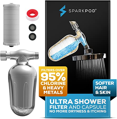 SparkPod Filtro per doccia ultra - Filtro dell'acqua e cartuccia per soffione doccia, equivalente a 150 fasi, rimuove fino al 95% di cloro, metalli pesanti per capelli morbidi e pelle (cromo lucido di