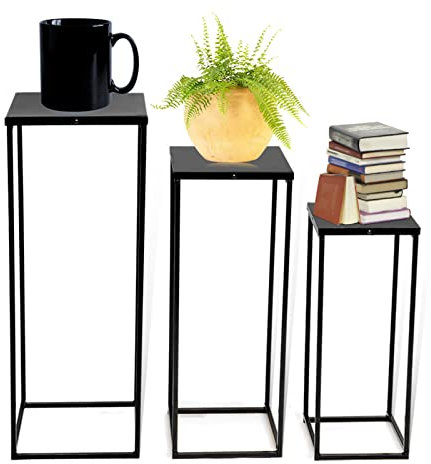 SanBouSi Set di 3 Sgabelli per Fiori, In Metallo, Colore Nero, Forma Rettangolare, per Piante, Decorazione a Colonna, Quadrato Vaso