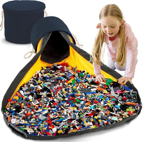 Coo11 Toy Storage Organizer Unit Play Mat for Lego - Large Drawstring Portable Container Basket With Bins - Activity Organizer (Black)