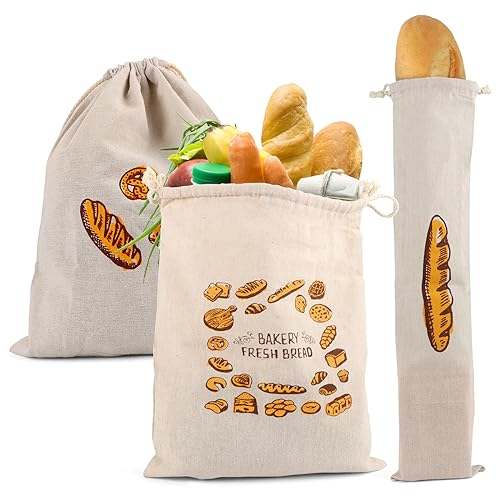 Sacchetti Pane 3 Pezzi Sacchetto per Il Pane in Lino Sacchetto portapane riutilizzabili per Pane, Frutta, Verdura, 2 Pezzi da 31 x 38 cm e 1 Pezzo da 16 x 64 cm