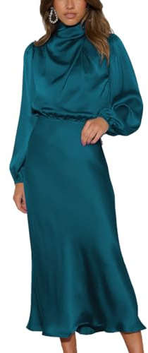 LIAOPUFUS Falda Larga de Satén Plisada Vestido Largo de Manga Larga Nuevo Otoño Elegante de Alta Costura Cintura Cerrada Falda de Cóctel de Mujer de Temperamento Relajado (Azul Lago, M)