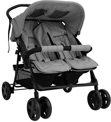 Hommdiy Geschwisterwagen mit Frontstoßstange Korb Zusammenklappbar Verstellbar Kinderwagen Zwillingswagen Zwillingsbuggy Stahl Buggy Hellgrün