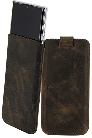 Suncase Etui Tasche kompatibel mit Samsung Galaxy S24 Ultra 5G Hülle mit ZUSÄTZLICHER Case/Schale/Bumper Lasche mit Rückzugfunktion Handytasche Ledertasche Schutzhülle in antik-braun