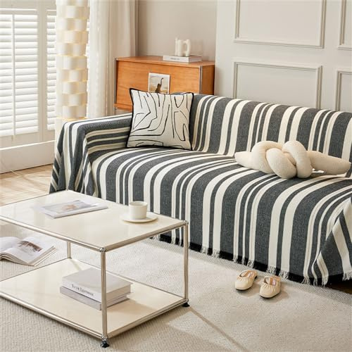 FANSU Sofabezug L Form 1 2 3 4 Sitzer, Sofaüberwurf Decke Ecksofa rutschfeste Gestreifte Mode Couch Bezug Sofaschoner Sofa Decken Einteiliger Couch Überwürf (3 Sitzer Plus(180x340cm,Schwarz)