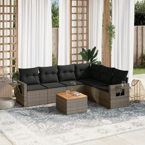 Willood Garten Rattan Sofa 7-TLG. Set mit Kissen Grau Poly RattanGrau+Dunkelgrau