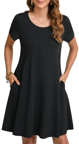 Enmain Vestido Estilo Camiseta para Mujer de Verano de Manga Corta con Bolsillos túnica Vestido Casuales Bohemios hasta la Rodilla para Mujer, Negro, XL