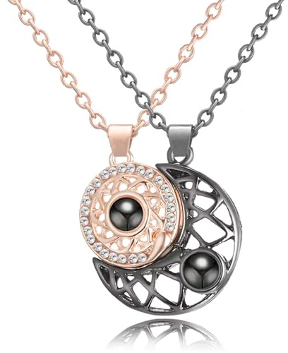 Pax Amare Freundschaftskette für 2 - Sonne & Mond Halskette - Roségold & Schwarz | Magnetische Verbindung | 45cm + 5cm Verstellbar | 'Ich liebe dich' in 100 Sprachen