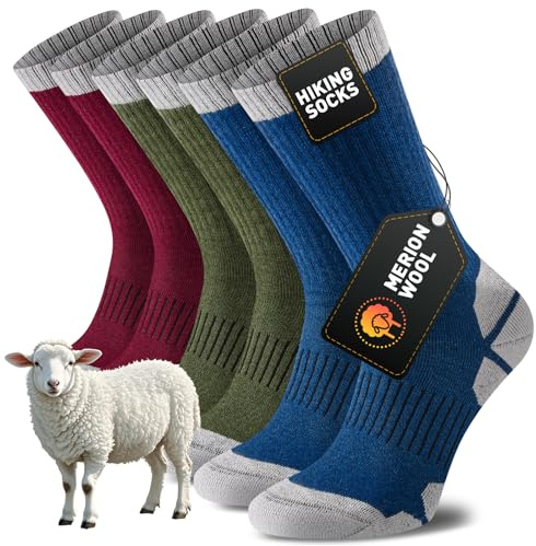 Niorasen Merino Wool Hiking Walking Socks for Men Women, Cushioned Anti Blister Performance Crew Socks for Sports Running, Cycling, Trekking, Work, Casual, Thicked Sock 3 Pairs