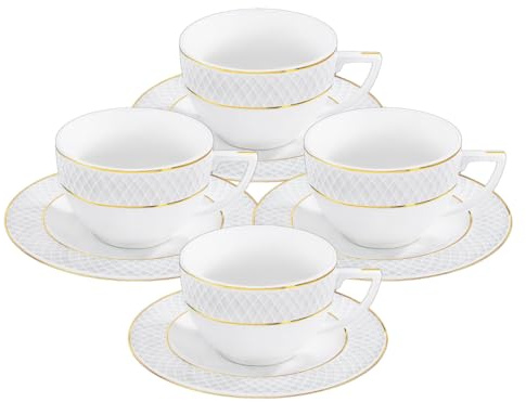 Wilmax - Tasses avec soucoupes - Motif doré - Lot de 4-170 ml - Tasses à café en porcelaine - Blanc - Service de table pour 4 personnes - Service de tasses pour café, thé, desserts