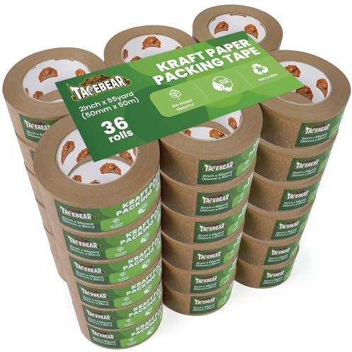TAPEBEAR Ruban D'emballage en Papier Écologique 50mm x 50m, Recyclable | Marron Ruban Adhésif D'emballage, Biodégradable Kraft Ruban Adhésif, Sans Plastique, Lot de 36