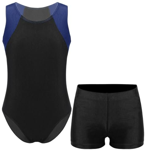 Alvivi Kinder Ballettanzug Ballett Trikot Turn-Leotards Ärmellos Body mit Shorts Jungen Turnanzug Gymnastikanzug Yoga Training Sportwear Marineblau&Schwarz 122-128
