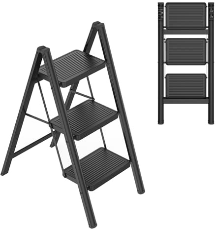 NAIZY Escabeau pliable à 3 marches - Petite échelle avec marchepied large - Échelle pliante en métal - Charge maximale : 270 kg
