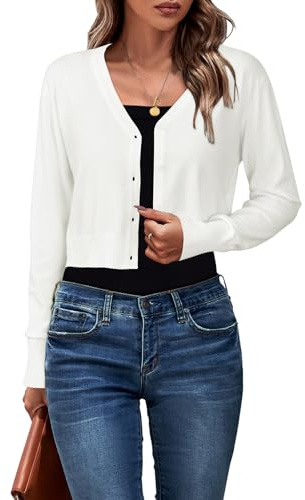 Newshows Womens Outfits Summer Cropped Cardigan Open Front Button Down Knit Bolero Shrug 2026 Spring Trendy Long Sleeve V Neck Business Casual Sweaters White M
