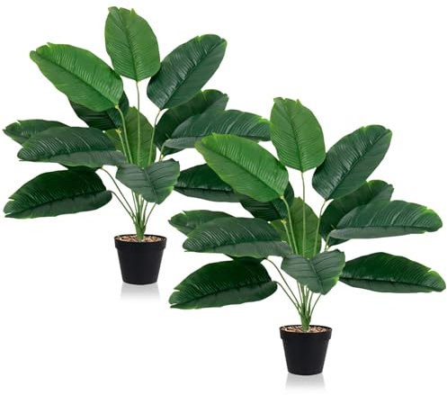 Feuilles de bananier artificielles 65 cm - Palmier tropical artificiel avec 12 feuilles - Grandes plantes artificielles comme de vraies plantes artificielles pour bureau, maison, intérieur et