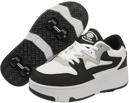 PEIHUODAN Chaussure Roulette Enfant Garçons Filles avec 4 roulettes Chaussures A roulettes Retractable Basket Roller Réglables Adolescents pour Intérieur Extérieur (35,Noir)