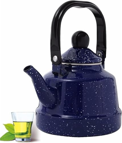 Bouilloire Vintage pour Plaque de Cuisson, Théière en émail Bleu Foncé, Mignonne Bouilloire Cafetière à Café, Pichet Camping avec Poignée pour Eau Chaude, Compatible avec Toutes Plaques de Cuisson,