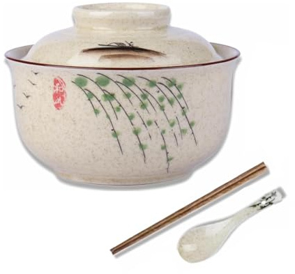 Braozaiw 800ml Ceramic Bowl with Lid - Versatile Large for Ramen, Noodle Soups, Salads and Cereals (Willow Branches-Patterned+ Chopsticks + Spoon)
