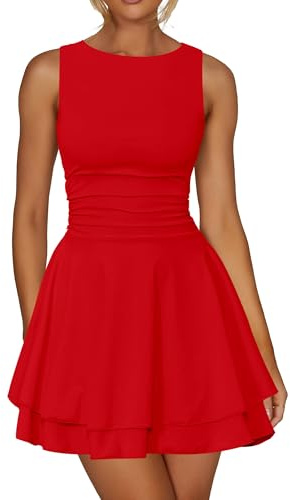 Kaximil Women's Ruffle Hem Boat Neck Mini Dress Sleeveless Ruched Corset Short Party Dresses, Large, Red