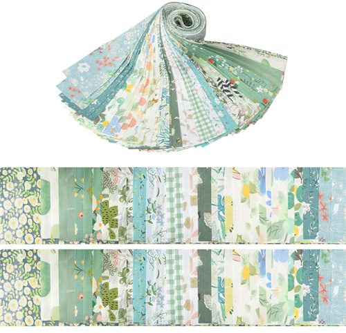 LetCart Baumwoll-Steppstoff mit Blumenmuster, 20 vorgeschnittene Stoffstreifen für Bastelarbeiten, Nähen, Puppenkleidung, Kissendekoration, Köpergrün, 6,2 x 50 cm, 2 Rollen pro Design, 40 Rollen