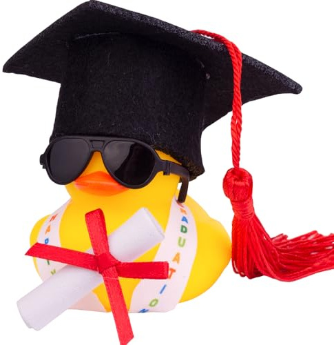 Mwmoeen Lustige Akademiker Kleine Gelbe Ente mit Diplom, Abschlussgeschenk | Mini Ente Auto Armaturenbrett Dekoration Mit Graduierung Hut, Prüfung Bestanden, Positive Geschenke, GröBe 6.0X4.5 CM