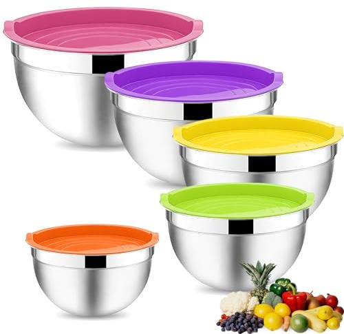 Ausune 5 Pcs Mixing Bowl Set, Stainless Steel Nesting Mixing Bowls Set, Salad Bowl with Lids for Kitchen Cooking Baking Supplies，Baking Salad Preparation Washing Vegetables
