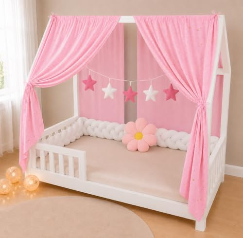 YellowNest Hausbett Himmel (2er Pack) - 100% Baumwolle - Betthimmel Hausbett aus Musselin - Himmelbett Vorhänge für Bett 80x160 & 140x200 cm (Rose Rose Wimpelkette Stern, 130 x 320 (2er-Set))