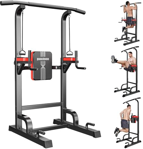 Pooboo Power Tower, Multifunktionale Kraftstation für Zuhause mit 11-fach Höhenverstellung und Elastikband, Klimmzugstange Freistehend für Home Gym Training Klimmzügen Dips (Schwarz)