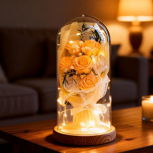 Artificial Roses in Glass Dome with LED Lights, Gift for Mum& Women | Handcrafted rose in a glass dome with warm LED light. An elegant birthday gift for Mum & women, perfect for home decor.