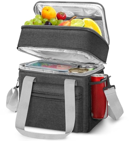 EEEKit Cool Lunch Bag, 14L Double Deck Leakproof Cooler Bags, Thermal Insulated Lunch Bag for Work, Picnic, Camping, 24 × 17 × 27 cm, Black