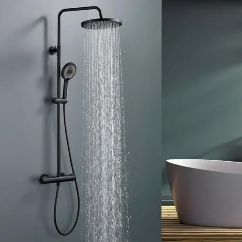 HOMELODY Système de douche avec thermostat noir - Robinet de douche complet avec 3 types de jet et pommeau de douche de 25 cm - En acier inoxydable - Noir - Pour salle de bain moderne