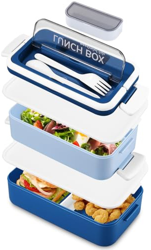 Woxovo Brotdose mit Fächern, 1600 ML Lunchbox mit Großer Kapazität, Mit Fächern und Besteck, Lunchbox Erwachsene, Große Brotdose, Brotdosen mit Trennfächern für Erwachsene, Kinder und Büros (Blau)