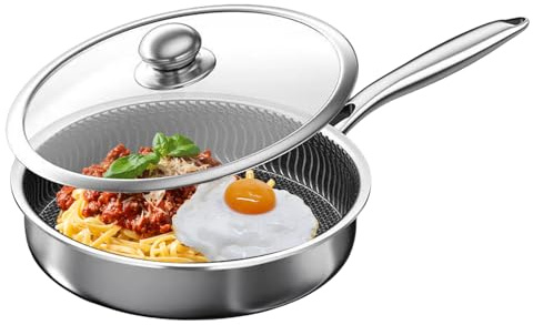 Hochwertige Antihaft-Pfanne mit Deckel – Edelstahlpfanne mit Deckel, unbeschichtete Edelstahlpfanne | 30 cm, 5,7 l, groß, dick und langlebig, Antihaft-Pfanne für Küche, Kochen und Restaurant.