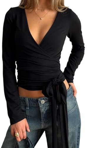 Edhomenn Kvinnor Y2K enfärgad kors wrap slips blus sommar ledig långärmad djup v-hals yoga pilates balett träning toppar, Svart, S